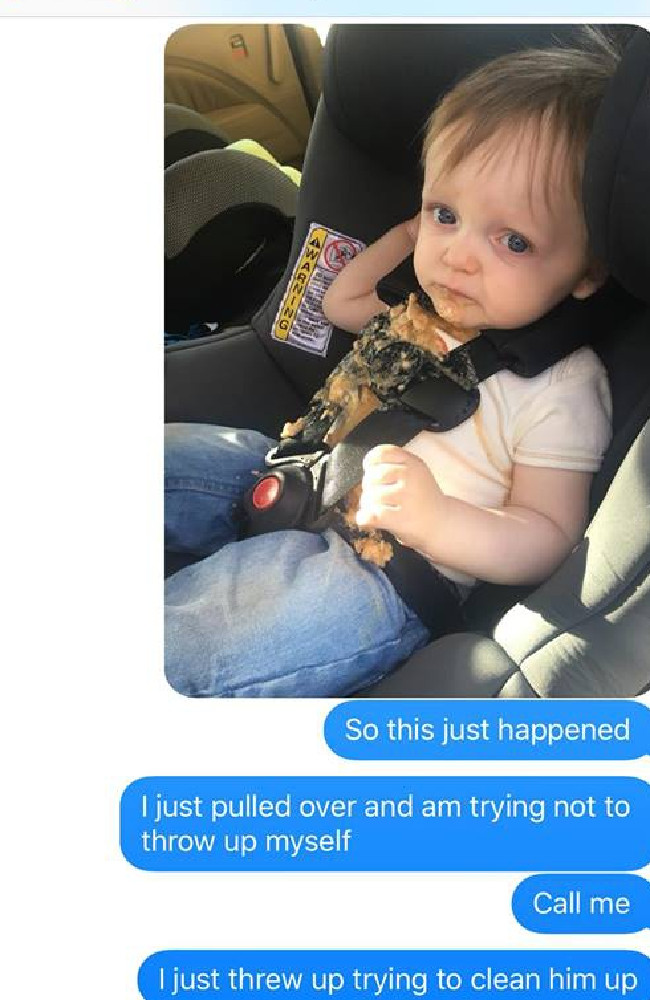 Ben Patterson shares a shot of his son covered in vomit. Photo / Facebook, Ben Patterson